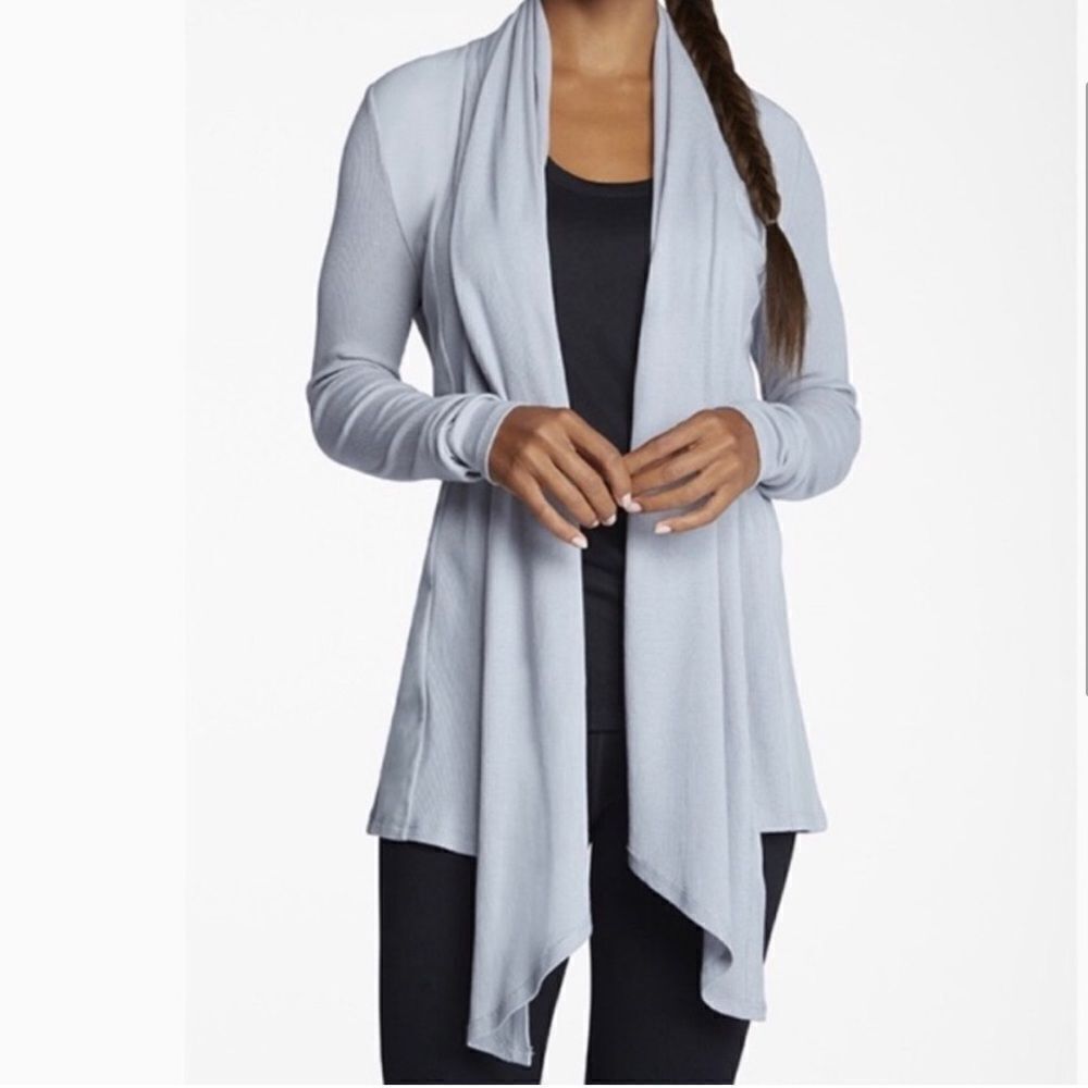 Fabletics Astoria Ribbed Waterfall Cardigan Gray FLAWS
